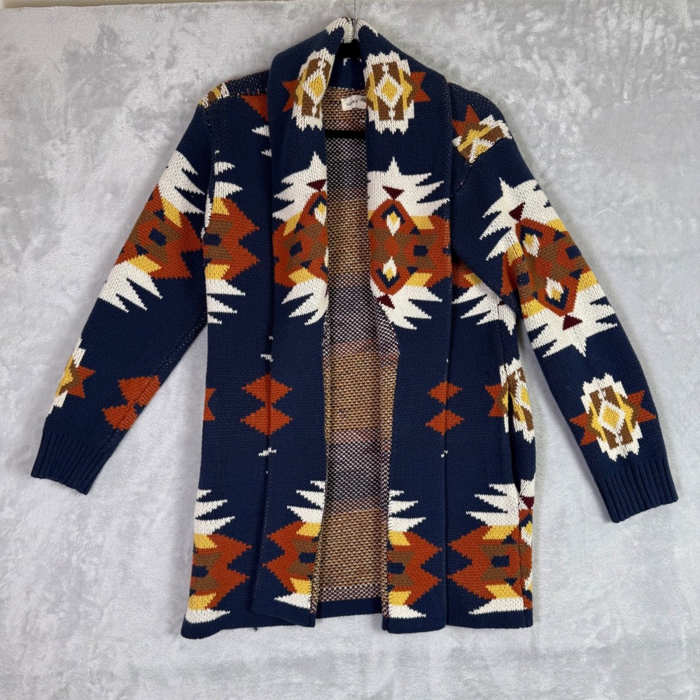Lucky Brand Cardigan Women M Blue Southwestern Geometric Open Front Sweater